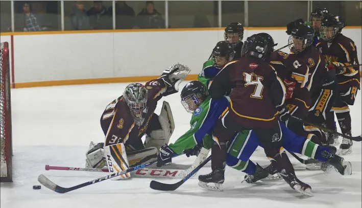  ?? STEVEN MAH/SOUTHWEST BOOSTER ?? Above: Peewee Broncos’ forward Ryder Rommelaere made a diving attempt at knocking a loose puck home during 12-5 win over the Battleford Barons on Friday. Below: Berney Weston helped lead the Broncos to a 3-2 win in the gold medal game.