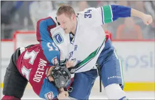  ?? DOUG PENSINGER/ GETTY IMAGES ?? Colorado’s Cody Mcleod ( left), fighting with Canucks’ Byron Bitz, is a trade deadline possibilit­y the Canucks might consider if Bitz’s current injury is more serious than it seems.