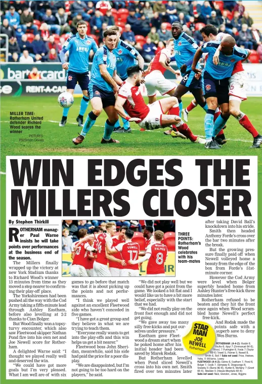  ?? PICTURES: PSI/Simon Davies ?? MILLER TIME: Rotherham United defender Richard Wood scores the winner THREE POINTS: Rotherham’s Wood celebrates with his team-mates