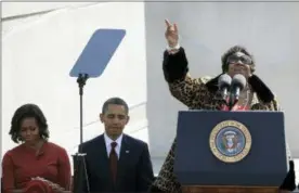  ?? CHARLES DHARAPAK — THE ASSOCIATED PRESS FILE ?? In this file photo, Aretha Franklin sings before President Barack Obama speaks during the dedication of the Martin Luther King Jr. Memorial in Washington.