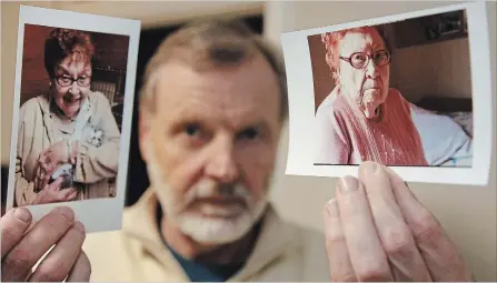  ?? CLIFFORD SKARSTEDT EXAMINER ?? Wray Ellis holds up photos of his mother — a victim of financial elder abuse — at his home on Wednesday. Ellis’s mom’s savings and life insurance were wiped out by another family member.