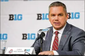  ?? ABBIE PARR / GETTY IMAGES ?? Ohio State coach Chris Holtmann speaks at the Big Ten Basketball media day at Madison Square Garden on Thursday.