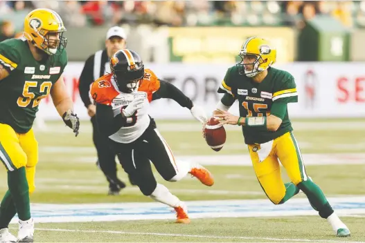  ?? IAN KUCERAK ?? Eskimos backup quarterbac­k Logan Kilgore played a key role in Saturday’s 19-6 win over the B.C. Lions to help Edmonton clinch a berth in the CFL post-season.