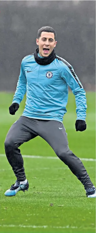  ??  ?? Staying relaxed: Eden Hazard trains ahead of Chelsea hosting Barcelona