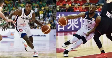  ??  ?? Le meneur des Bleus Ntilikina (New York Knicks) face au ‘‘All Star’’ des Boston Celtics, Kemba Walker : le quart de finale entre la France et les Etats-Unis s’annonce chaud et ‘‘show’’. (Photos AFP)