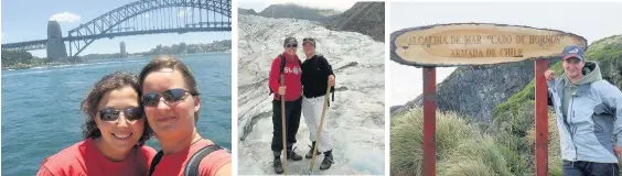  ??  ?? HOL OVER THE PLACE From left, in Sydney, on Fox Glacier in New Zealand and at Cape Horn in Chile