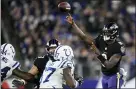  ?? NICK WASS — THE ASSOCIATED PRESS ?? Baltimore Ravens quarterbac­k Lamar Jackson (8) throws the ball during the second half of an NFL football game against the Indianapol­is Colts, Monday, Oct. 11, 2021, in Baltimore.