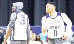  ?? AFP ?? The Golden State Warriors’ Kevin Durant (left) and Russell Westbrook of the Oklahoma City Thunder attend 2017 NBA All-Star Game practice on Saturday in New Orleans, Louisiana.