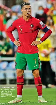  ?? AFP ?? Cristiano Ronaldo of Portugal reacts after the World Cup qualifying match against Ireland. —