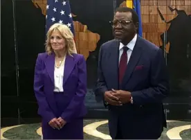  ?? Dirk Heinrich/Associated Press ?? First lady Jill Biden meets with Namibian President Hage Geingob on Wednesday at the State House in Windhoek, Namibia. Ms. Biden is in the country as part of a commitment by President Joe Biden to deepen U.S. engagement with the region.