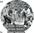  ??  ?? ”Kenta” Olsson utmanar Blåvitts Ruben Svensson.