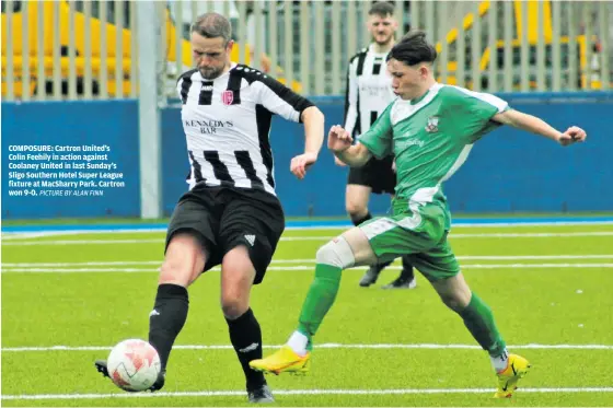  ?? PICTURE BY ALAN FINN ?? COMPOSURE: Cartron United’s Colin Feehily in action against Coolaney United in last Sunday’s Sligo Southern Hotel Super League fixture at MacSharry Park. Cartron won 9-0.