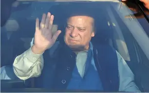  ??  ?? Ousted prime minister Nawaz Sharif waves as he leaves an accountabi­lity court after a personal appearance to face corruption charges in Islamabad. —