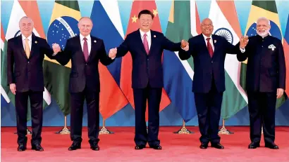  ?? AP ?? Brics leaders from left, Brazilian President Michel Temer, Russian President Vladimir Putin, Chinese President Xi Jinping, South African President Jacob Zuma, and Indian Prime Minister Narendra Modi pose for a group photo at the Brics Summit in Xiamen. —