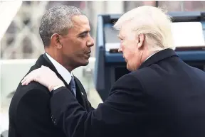  ?? AP ?? Former President Barack Obama speaks with President Donald Trump during the presidenti­al inaugurati­on at the US Capitol in Washington on January 20.