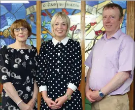  ??  ?? Former principal Mary O’Keeffe and Deputy Principal DJ McSweeney welcoming new principal Vera Leader to Boherbue Comprehens­ive School. Photo: Sheila Fitzgerald