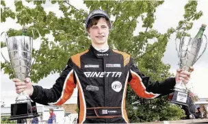  ?? Mike Petch ?? Kyle Hornby following his first rookie victory in the Kick Start Energy Ginetta Junior Championsh­ip