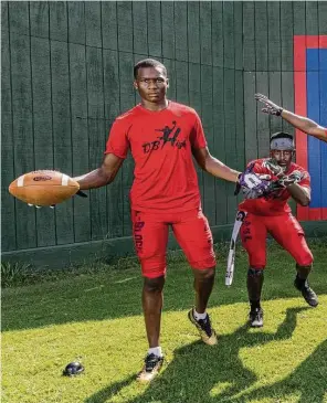  ??  ?? Alex Hogan, from left, D’Shawn Jamison, Quantis Galloway, Zion Burrell and Anthony Cook are the current stars of Lamar’s “DB High,” the nickname given to the school known for
producing quality defensive backs. “It was known as soon as we stepped in...