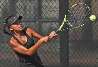  ?? Katharine Lotze/The Signal (See additional photos on signalscv.com) ?? Valencia High’s Amanda Tabanera returns a hit to her opponent during the Vikings’ tennis match against Troy High on Monday at Valencia.