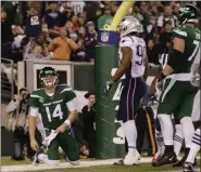  ?? ADAM HUNGER - THE ASSOCIATED PRESS ?? New York Jets quarterbac­k Sam Darnold (14) reacts after the New England Patriots scored a safety during the second half of a game Monday, Oct. 21, 2019, in East Rutherford, N.J.