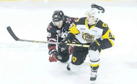  ?? JULIE JOCSAK/STANDARD STAFF ?? Aaron Haydon of the Niagara IceDogs and Will Bitten of the Hamilton Bulldogs tangle in OHL action at the Meridian Centre in downtown St. Catharines on Friday.