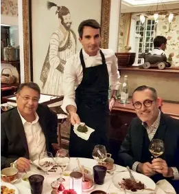  ??  ?? From top: Chef Quentin Durand, Claude Maniscalco, and Jaques Silvant at Pan Deï Palais; blue radish cannelloni at restaurant Les Toits, Hôtel de Paris.