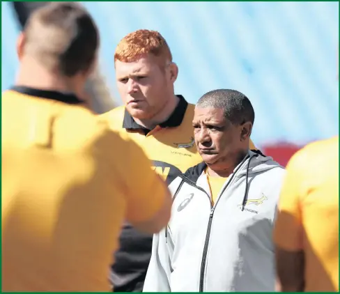  ??  ?? Springbok training had its serious moments for a grim-faced Allister Coetzee and his men ahead of today’s Test against France in Durban.