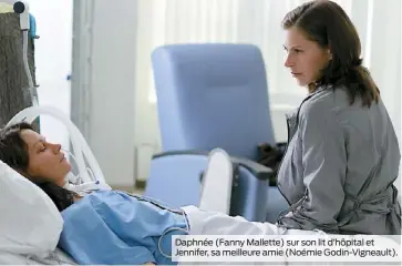  ??  ?? Daphnée (Fanny Mallette) sur son lit d’hôpital et Jennifer, sa meilleure amie (Noémie Godin-vigneault).