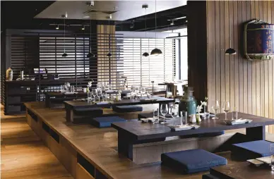  ??  ?? Braised free-range goose at Wasabi (left); Saké’s tatami dining space