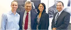  ??  ?? SBP executive director Sonny Barrios (second from left) meets NBA senior vice president Daniel Rube and NBA vice president Michelle Leftwich at the league’s New York City head office with SBP legal consultant Edgar Francisco (right).