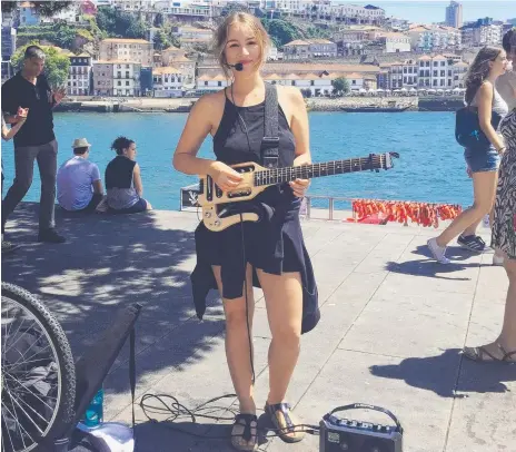  ??  ?? Eleea Navarro busking in Porto, Portugal (above), Rome, Italy (above right) and Bordeaux, France (right).