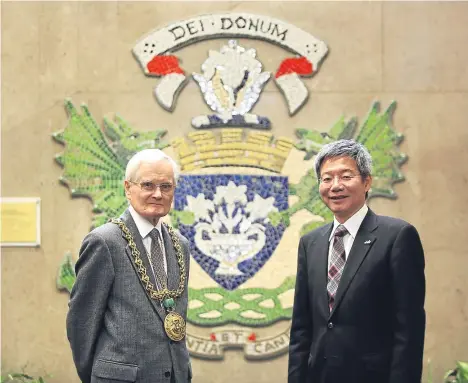  ??  ?? THE Consul General of Japan in Edinburgh paid a visit to Dundee — and he was very impressed with the progress of the V&A.
Daisuke Matsunaga met up with Lord Provost Ian Borthwick, with the pair speaking on a number of topics, including the...