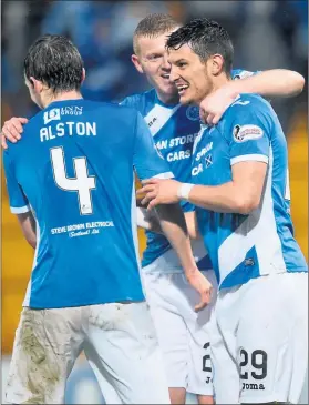  ??  ?? THREE AND EASY: Graeme Cummins (right) celebrates scoring one of his two goals in the victory over Hamilton at McDiarmid Park.