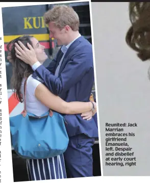 ??  ?? Reunited: Jack Marrian embraces his girlfriend Emanuela, left. Despair and disbelief at early court hearing, right