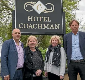  ?? MURRAY WILSON/STUFF ?? The new owner of Hotel Coachman, Destinatio­n Hotels’ chief executive Duncan Fletcher (right), with its former owners, (from left): Brendan Hapeta, Leonie Hapeta and Ali Mclean.