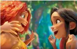  ??  ?? Eep (Emma Stone) and Dawn (Kelly Marie Tran) bond as only teenage girls can in The Croods: A Newage.