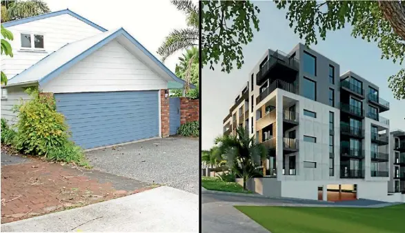  ??  ?? The proposed developmen­t for Tennyson Ave, Takapuna, will see three stand-alone houses replaced with two five-storey apartment blocks.