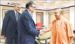  ?? HT PHOTO ?? Microsoft founder Bill Gates with chief minister Yogi Adityanath at the state secretaria­t in Lucknow on Friday. Both the leaders agreed to extend and expand welfare projects being carried out by the Bill and Melinda Gates Foundation in UP. >>P4