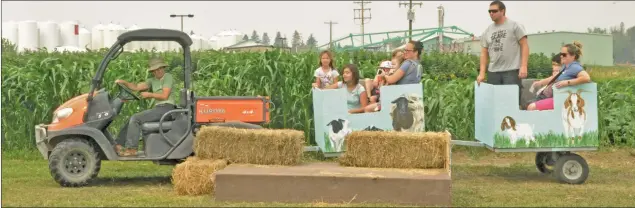  ?? Photo by Jamie Rieger ?? TOURING THE FARM: Michelle Gietz, takes visitors to the Brooks Corn Maze on a ride around the farm yard. Guests could also go through the corn maze, play kiddie’s games, and pick raspberrie­s. For more photos, please see Page 13.