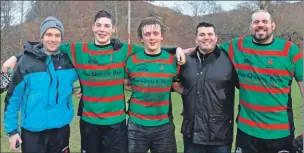  ??  ?? Oban Lorne’s 17-year- old debutants Jack Strachan and Daniel Speirs pictured with Allan Wright, Murray Hamilton and Corrie Louw.