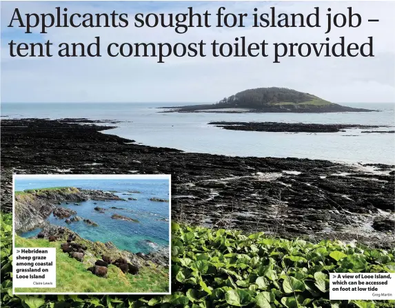  ?? Claire Lewis Greg Martin ?? > Hebridean sheep graze among coastal grassland on Looe Island > A view of Looe Island, which can be accessed on foot at low tide