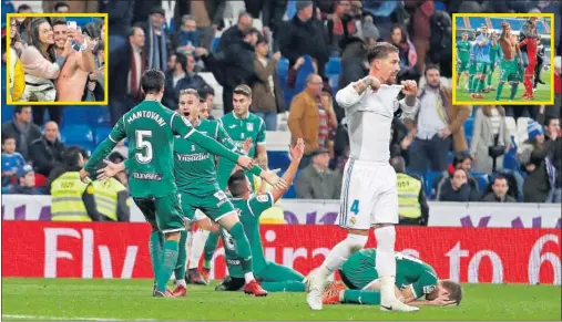  ??  ?? CARA Y CRUZ. Mantovani y los jugadores del Leganés celebran el pase a semifinale­s mientras Ramos muestra la decepción del Madrid...