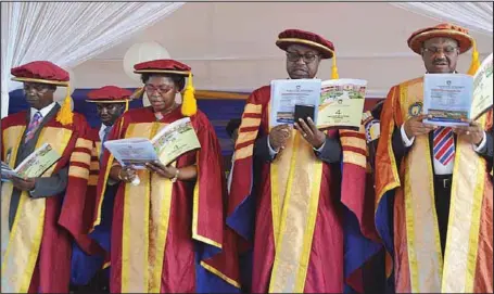  ??  ?? L-R: The Bursar, Augustine University, Epe, Lagos, Mr. Sunday Alabi; the Registrar, Mrs. Margaret Aziba; the Vice-Chancellor, Prof. Steve Afolami; and the Chairman, Governing Council of the university, Chief Gilbert Grant, during the fourth matriculat­ion ceremony of the institutio­n… recently