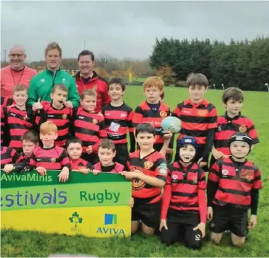  ??  ?? Above: Monivea U-10s with Kieran Marmion, their coaches Pearse Timothy and Mike Gannon at the Connacht Aviva blitz recently and (left) the club’s last training session before claiming the Junior Cup title