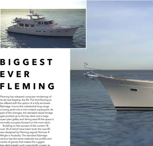  ??  ?? TOP LEFT Open flybridge version of Fleming’s new 85 is a handsome cruiser
A B O V E With closed flybridge option the 85 is transforme­d into a mini-trideck superyacht