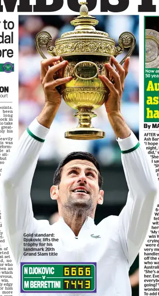  ??  ?? Gold standard: Djokovic lifts the trophy for his landmark 20th Grand Slam title