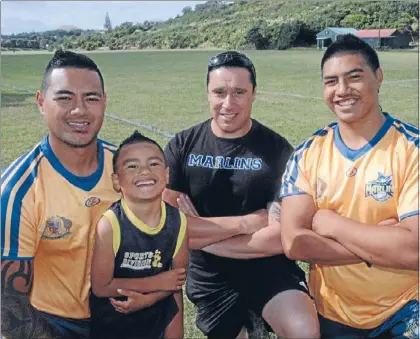  ?? Photo: KRIS DANDO ?? Home at last: From left, Titahi Bay Marlins skipper Jeff Risati, son and likely under Marlin 6s player Lockyer Brown-Risati, Marlins’ manager Mike Hall and loose forward Namu Kara at their new home, Onepoto Park.