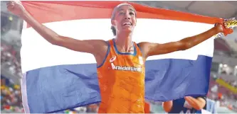  ?? EPA-Yonhap ?? Sifan Hassan of the Netherland­s celebrates after winning the women’s 1,500m final at the IAAF World Athletics Championsh­ips 2019 at the Khalifa Stadium in Doha on Saturday.