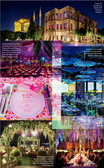  ??  ?? Guests entered a tropical paradise at the The Breast Cancer Research Fund’s Pink Party. BELOW: Bright hues of pink and orange highlighte­d a private Beach Boys concert. Wedding guests were shuttled by boat down the Bosphorus River where they descended...