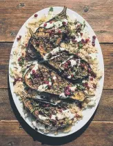  ?? ?? TAKE IT EASY: Top, hoisin duck & rice bowls; above, za’atar roast aubergine with cumin rice; and, inset left, bean chilli loaded wedges.